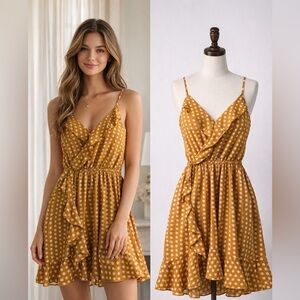 IBISS Mustard Polka Dot Ruffle Wrap Mini Dress women - SIZE S